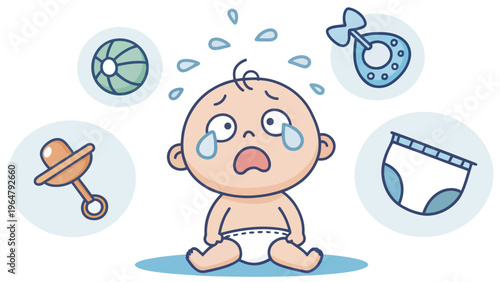 A crying baby surrounded by baby items, illustrating a state of distress and frustration.
