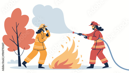 Two female firefighters in action, extinguishing a fire in a controlled environment.