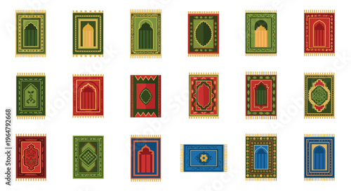 Eighteen distinct rectangular Islamic prayer rugs, featuring intricate arch and floral patterns, are meticulously arranged in three rows on a white background.