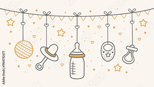 A charming illustration of baby items hanging from a string with a festive background