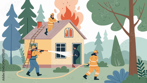 Firefighters in action extinguishing a house fire in a wooded area with a ladder and hose