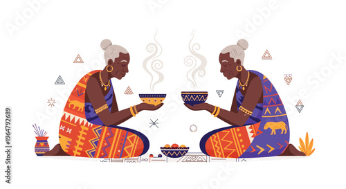 Two elderly African women in vibrant patterned robes sit facing each other, holding steaming bowls in a ceremonial setting.