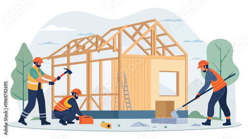 Three construction workers building a house with a wooden frame and roof
