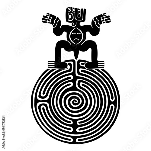 Funny tribal ancestor figurine standing on a round spiral maze or labyrinth symbol. Mystery of South American indigenous culture. Black and white silhouette.