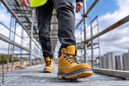 A construction worker wearing safety boots and reflective vest walks on scaffolding, ensuring safety and following regulations at a construction site under bright sky.