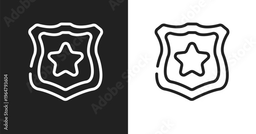 Police badge icon. Linear black, white icon from law and justice collection. Outline police badge vector. Thin line symbol isolated on white and black background