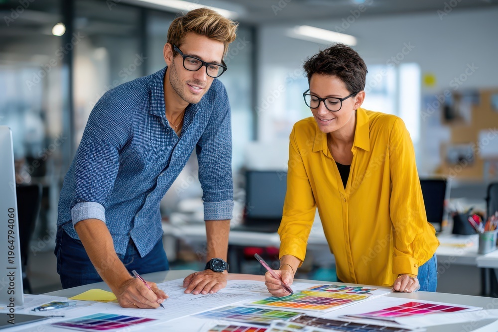 Fototapeta premium Two creative professionals, a man and woman, collaborate on design plans, examining color swatches and architectural drawings in a modern office setting with focused enthusiasm.