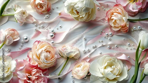 Elegant floral arrangement transforming with pearls and silk in soft pastel colors