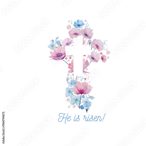 Religious cross with watercolor flowers flowers . Hand drawn. Not AI, vector illustration. He is risen Hand drawn. Not AI, vector illustration