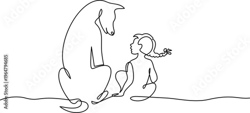 Friendship between small girl and big dog. Continuous one line drawing.