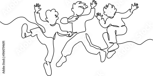 Happy Children boys Jumping. Continuous One Line Drawing. Kids Play.
