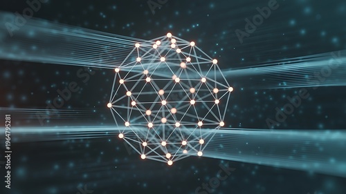 Futuristic digital network sphere with glowing particles and light beams abstract