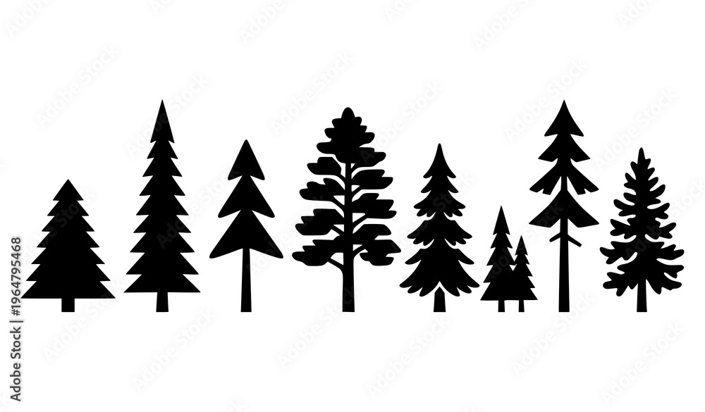 Obraz premium Black Pine Tree Silhouettes Vector Collection Minimal Evergreen Forest Logo Icons