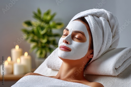 A serene young woman receiving a facial mask treatment at a spa, wrapped in a white towel, eyes closed, enjoying peaceful relaxation and beauty care in a calming ambiance.