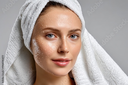 Close-up portrait of a beautiful woman with fresh, dewy skin and blue eyes, wearing a white towel wrapped around her head, after a shower or spa treatment.
