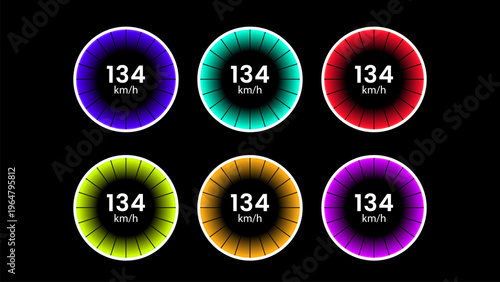 Colorful circular speedometer dashboard gauges set with neon gradient modern UI design