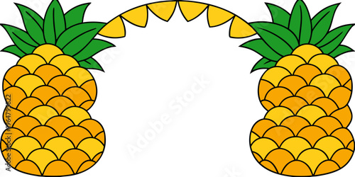 Tropical pineapples with yellow bunting banner arch, vector
