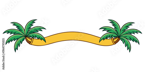 Tropical palm trees with blank yellow ribbon banner, vector