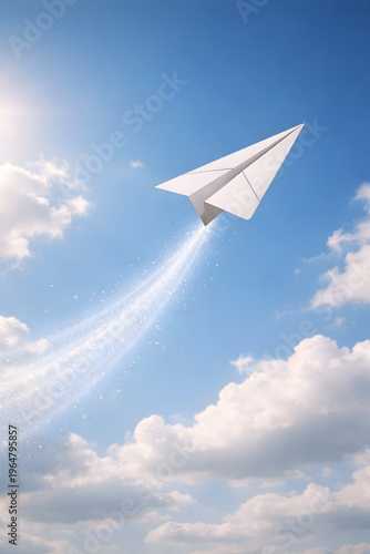 Paper Plane Flying in Blue Sky with Light Trail - Success and Ambition Concept