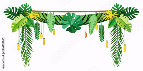 Tropical border with exotic foliage and hanging fruits, vector