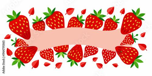 Pink ribbon banner with red strawberries, vector