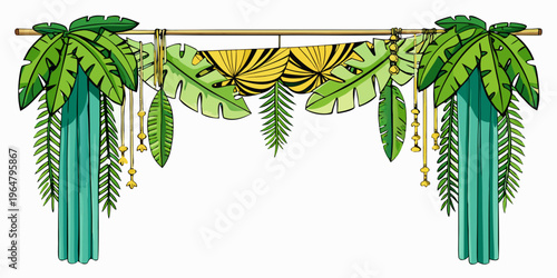 Tropical jungle leaf border arch for party decoration, vector