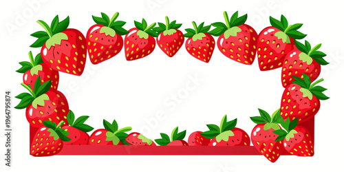 Sweet red strawberry fruit frame border design, vector