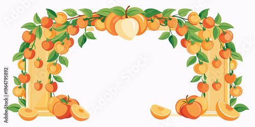 Decorative peach fruit and leaf border frame, vector