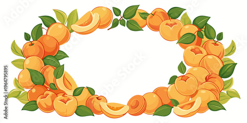 Oval frame made of ripe apricots and green leaves, vector