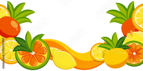 Fresh citrus orange and lemon fruit banner design, vector