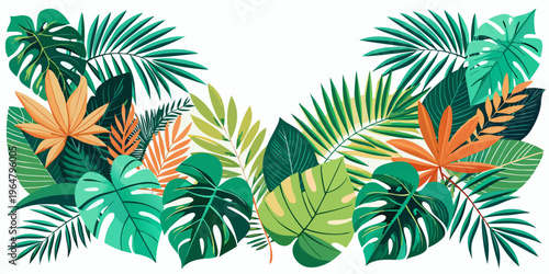Exotic tropical palm and monstera leaf foliage arrangement, vector