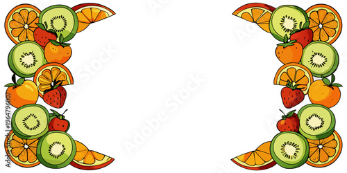 Hand drawn kiwi orange and strawberry fruit border, vector