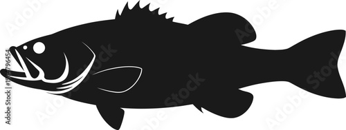 Bass fish silhouette black vector illustration freshwater predator aquatic animal fishing design isolated background wildlife symbol detailed sport fish icon