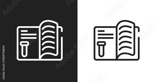 Journal icon. Linear black, white icon from science collection. Outline journal vector. Thin line symbol isolated on white and black background