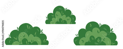 Collection of green bushes in flat vector style. Ideal for landscape design, games, and outdoor scenes.