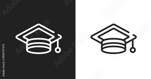 Graduation hat icon. Linear black, white icon from back to school collection. Outline graduation hat vector. Thin line symbol isolated on white and black background