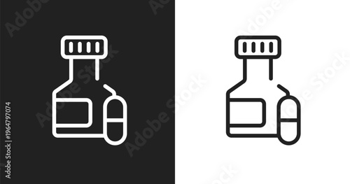 Pill jar icon. Linear black, white icon from laboratory collection. Outline pill jar vector. Thin line symbol isolated on white and black background