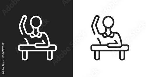 Raising hand icon. Linear black, white icon from learning collection. Outline raising hand vector. Thin line symbol isolated on white and black background