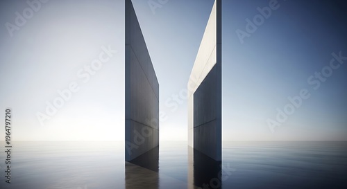 Two large concrete structures standing in calm water under a clear sky