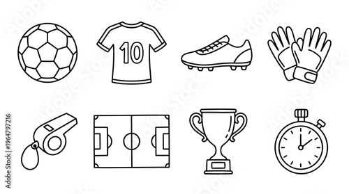 Soccer Football Icons Doodle Vector Set. Hand-drawn sport game elements collection for UI/UX design.
