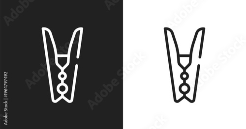 Clothespin icon. Linear black, white icon from housekeeping collection. Outline clothespin vector. Thin line symbol isolated on white and black background