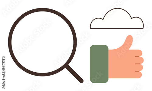 Data analysis, cloud technology, positivity, feedback, information search, online services. Magnifying glass, cloud and a thumbs-up hand gesture. Data analysis and cloud technology concept