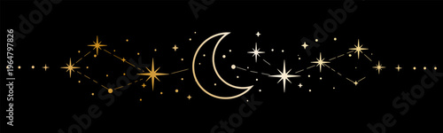 Night sky with stars and crescent moon shining in dark spaces