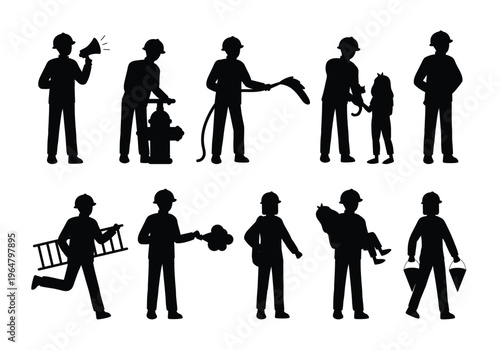 Set of black and white firefighter silhouettes in various situations and poses. Firefighters at work. Vector illustration.
