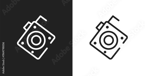 Roulette with button icon. Linear black, white icon from tools and machinery collection. Outline roulette with button vector. Thin line symbol isolated on white and black background