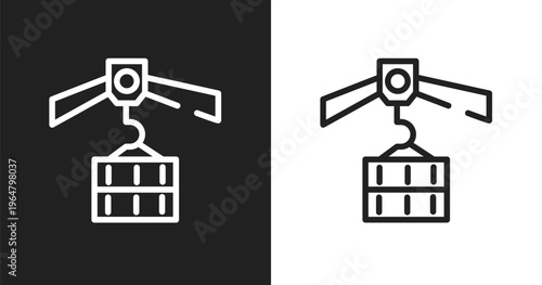 Derrick with load icon. Linear black, white icon from constructicons collection. Outline derrick with load vector. Thin line symbol isolated on white and black background