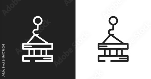 Derrick with pallet icon. Linear black, white icon from constructicons collection. Outline derrick with pallet vector. Thin line symbol isolated on white and black background