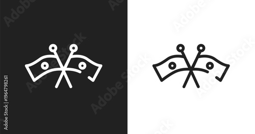 Flags crossed icon. Linear black, white icon from constructicons collection. Outline flags crossed vector. Thin line symbol isolated on white and black background