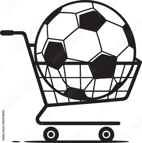 Soccer ball in shopping cart icon black and white illustration