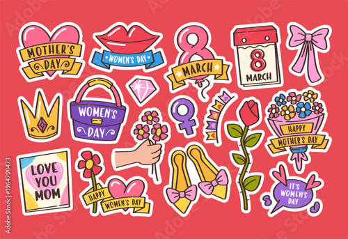 International Women Day sticker set of colorful beautiful girlish design with greeting text